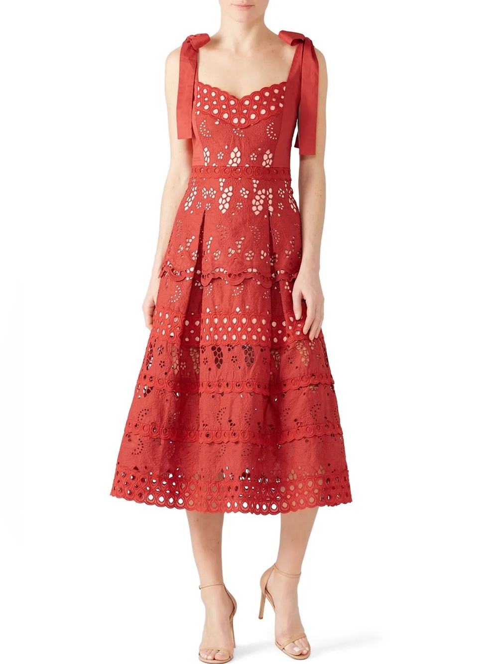 Three Floor Damsel Dress S Terracotta Orange Eyelet Embroidery Tiered Midi Boho